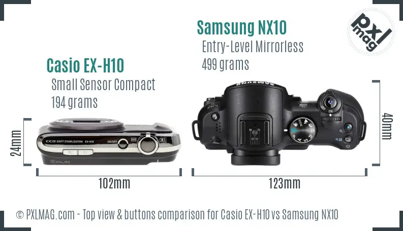 Casio EX-H10 vs Samsung NX10 top view buttons comparison Casio EX-H10 vs Samsung NX10 top view buttons comparison
