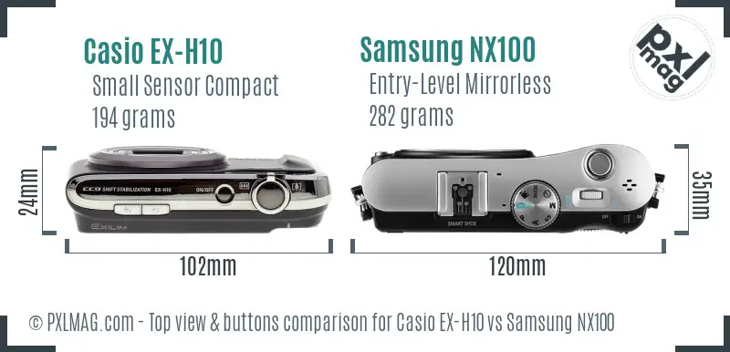 Casio EX-H10 vs Samsung NX100 top view buttons comparison