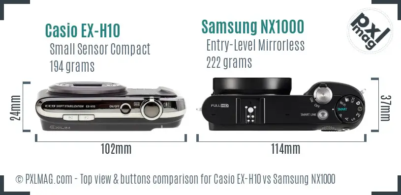 Casio EX-H10 vs Samsung NX1000 top view buttons comparison Casio EX-H10 vs Samsung NX1000 top view buttons comparison