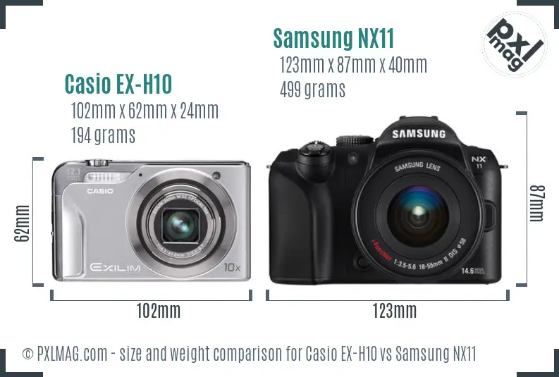 Casio EX-H10 vs Samsung NX11 size comparison Casio EX-H10 vs Samsung NX11 size comparison