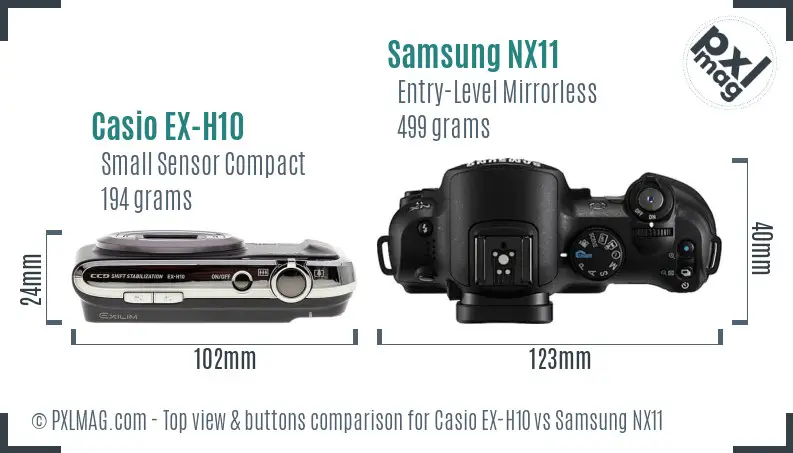 Casio EX-H10 vs Samsung NX11 top view buttons comparison Casio EX-H10 vs Samsung NX11 top view buttons comparison