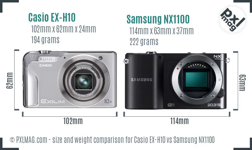 Casio EX-H10 vs Samsung NX1100 size comparison Casio EX-H10 vs Samsung NX1100 size comparison