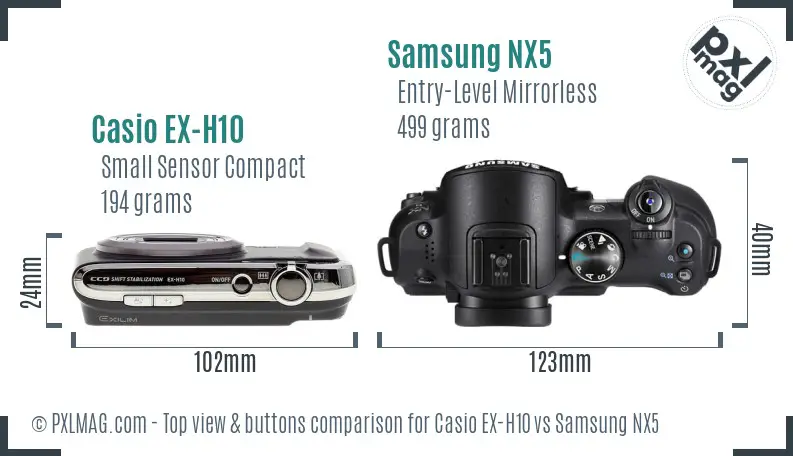 Casio EX-H10 vs Samsung NX5 top view buttons comparison
