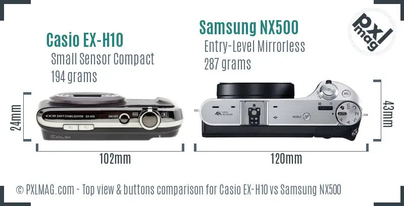 Casio EX-H10 vs Samsung NX500 top view buttons comparison