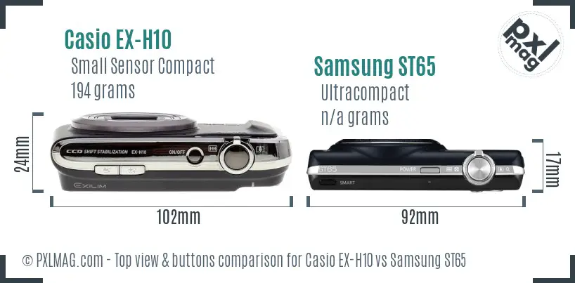 Casio EX-H10 vs Samsung ST65 top view buttons comparison Casio EX-H10 vs Samsung ST65 top view buttons comparison