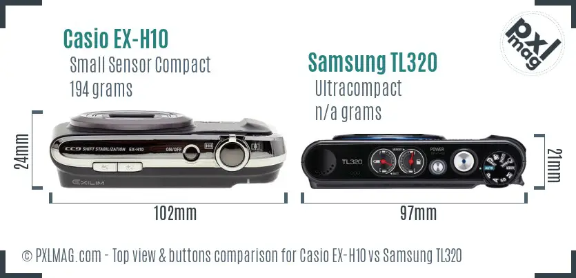 Casio EX-H10 vs Samsung TL320 top view buttons comparison Casio EX-H10 vs Samsung TL320 top view buttons comparison