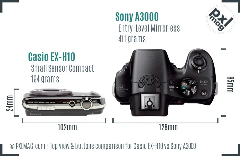 Casio EX-H10 vs Sony A3000 top view buttons comparison Casio EX-H10 vs Sony A3000 top view buttons comparison