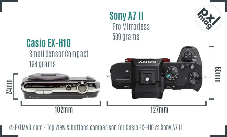 Casio EX-H10 vs Sony A7 II top view buttons comparison