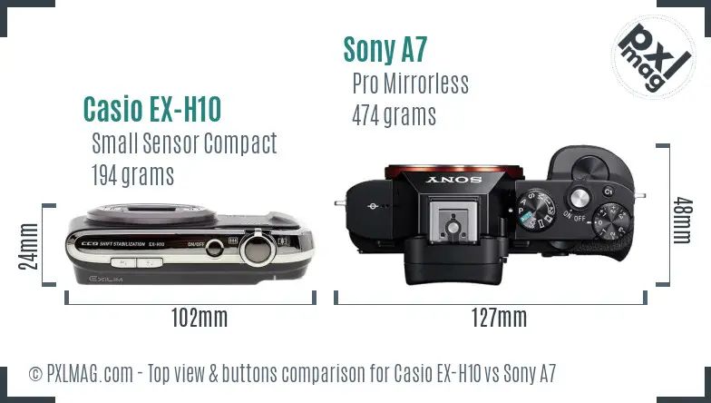 Casio EX-H10 vs Sony A7 top view buttons comparison