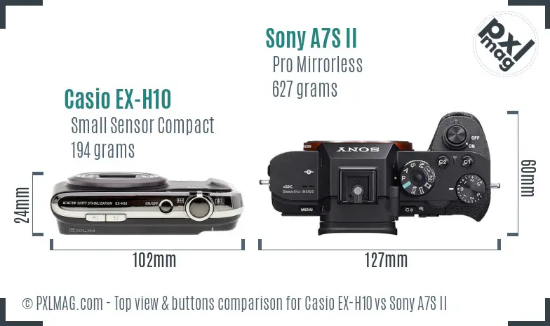 Casio EX-H10 vs Sony A7S II top view buttons comparison