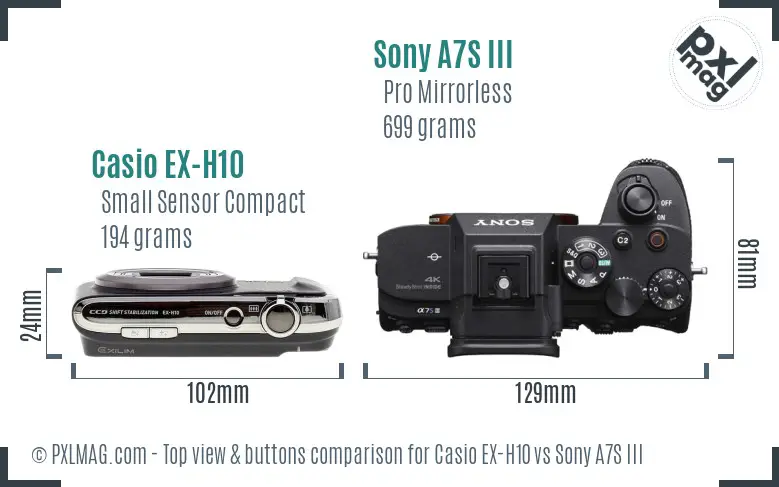 Casio EX-H10 vs Sony A7S III top view buttons comparison