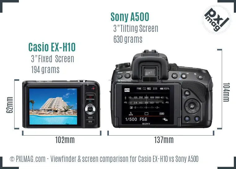 Casio EX-H10 vs Sony A500 Screen and Viewfinder comparison