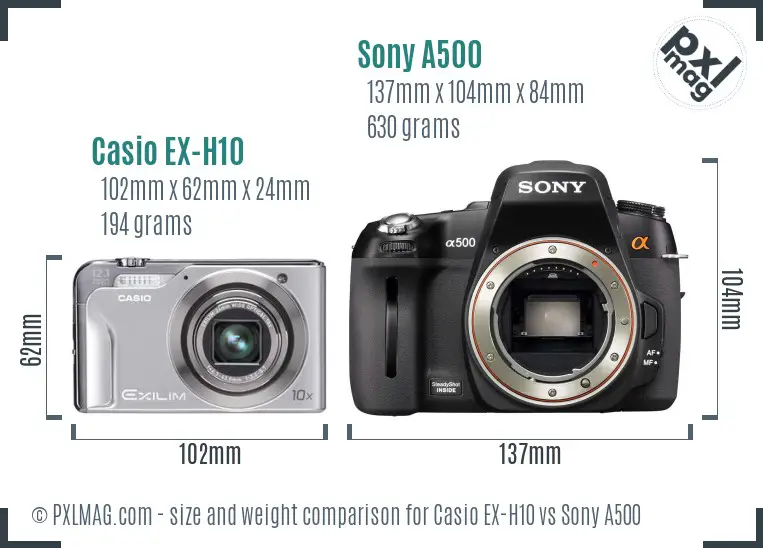 Casio EX-H10 vs Sony A500 size comparison