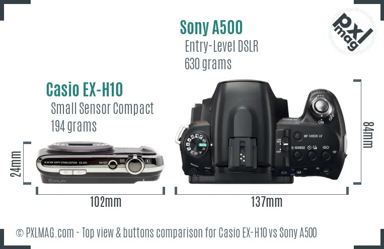 Casio EX-H10 vs Sony A500 top view buttons comparison