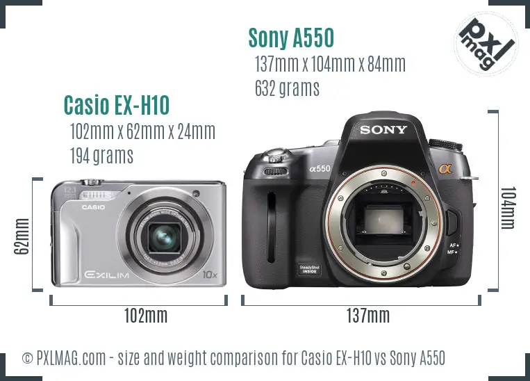 Casio EX-H10 vs Sony A550 size comparison