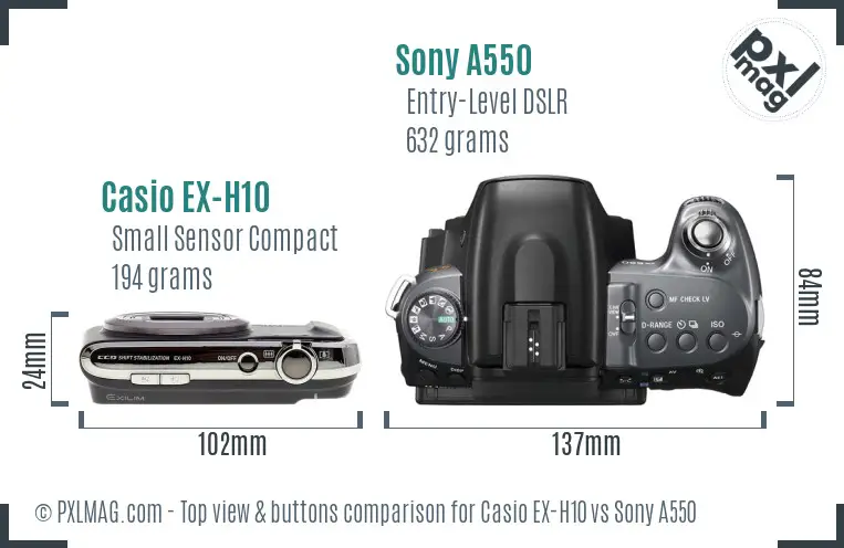 Casio EX-H10 vs Sony A550 top view buttons comparison