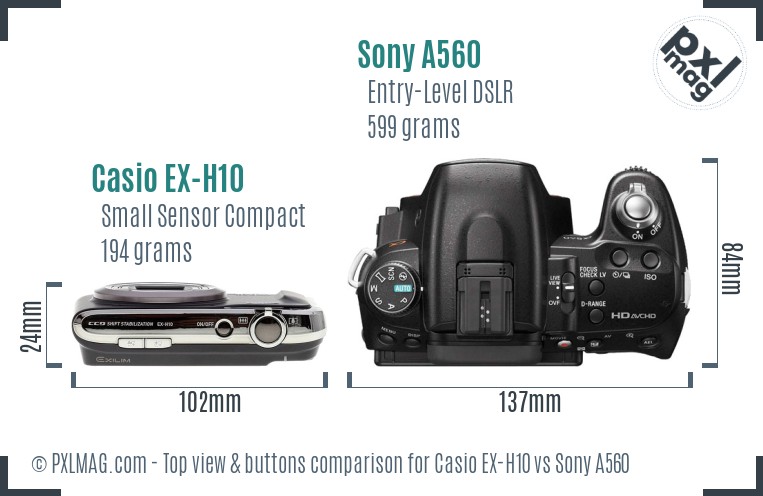Casio EX-H10 vs Sony A560 top view buttons comparison