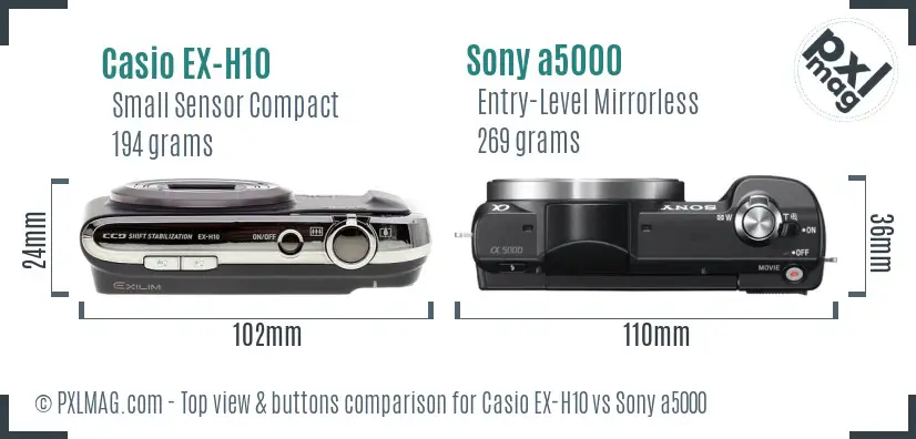 Casio EX-H10 vs Sony a5000 top view buttons comparison