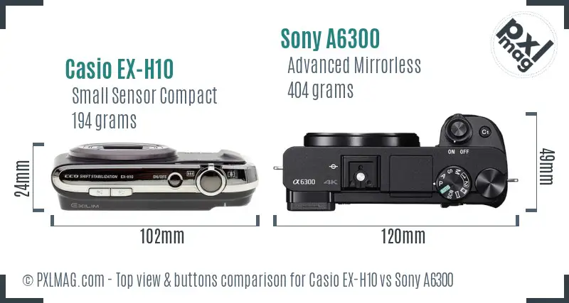 Casio EX-H10 vs Sony A6300 top view buttons comparison Casio EX-H10 vs Sony A6300 top view buttons comparison