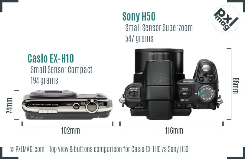 Casio EX-H10 vs Sony H50 top view buttons comparison Casio EX-H10 vs Sony H50 top view buttons comparison