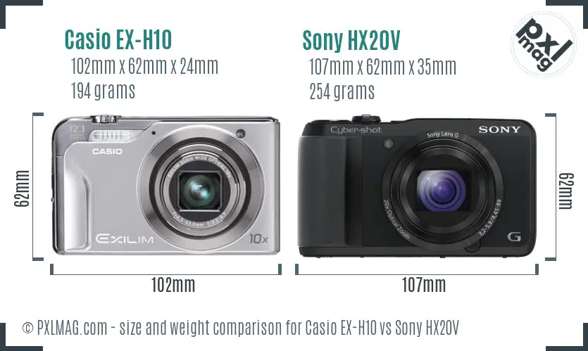 Casio EX-H10 vs Sony HX20V size comparison