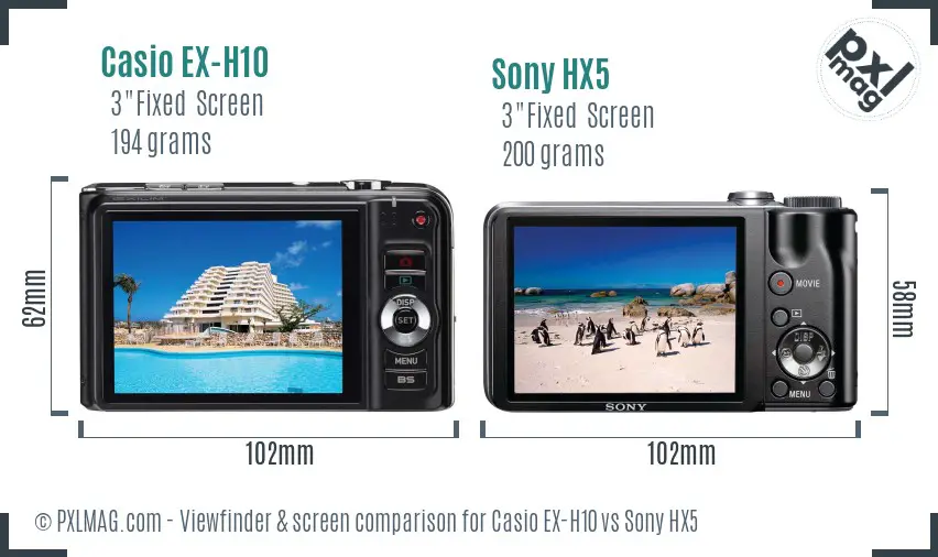 Casio EX-H10 vs Sony HX5 Screen and Viewfinder comparison