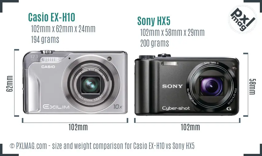 Casio EX-H10 vs Sony HX5 size comparison