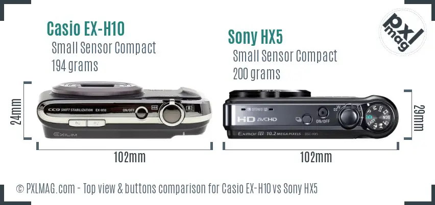 Casio EX-H10 vs Sony HX5 top view buttons comparison