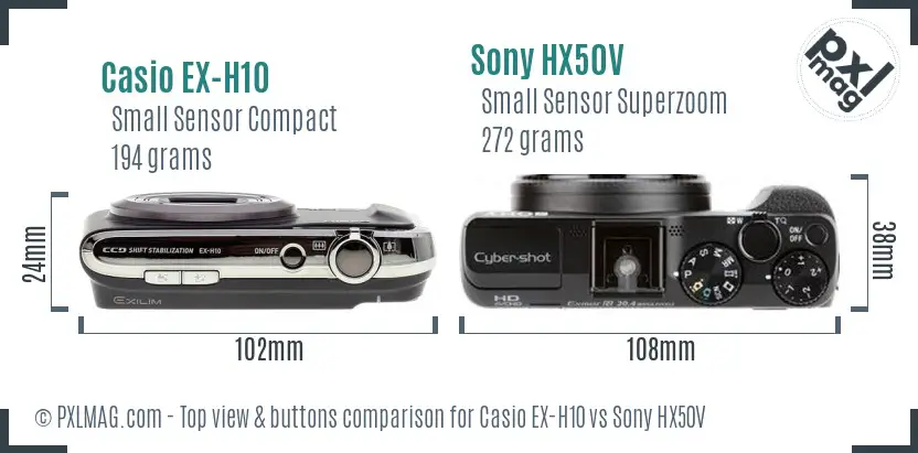 Casio EX-H10 vs Sony HX50V top view buttons comparison Casio EX-H10 vs Sony HX50V top view buttons comparison