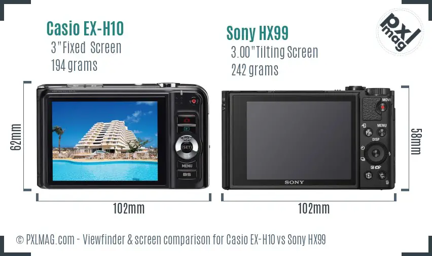 Casio EX-H10 vs Sony HX99 Screen and Viewfinder comparison