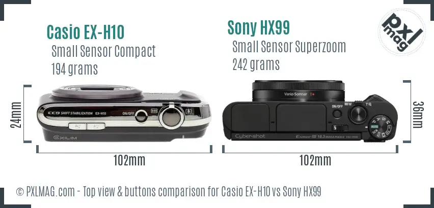 Casio EX-H10 vs Sony HX99 top view buttons comparison