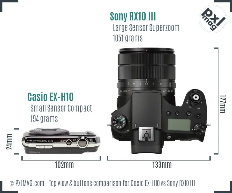 Casio EX-H10 vs Sony RX10 III top view buttons comparison Casio EX-H10 vs Sony RX10 III top view buttons comparison