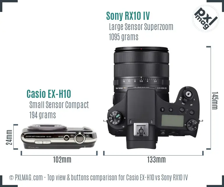 Casio EX-H10 vs Sony RX10 IV top view buttons comparison Casio EX-H10 vs Sony RX10 IV top view buttons comparison