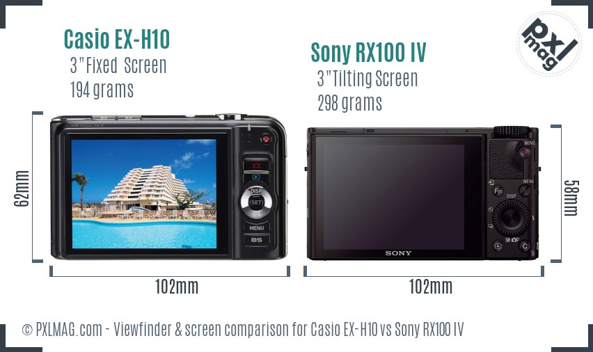 Casio EX-H10 vs Sony RX100 IV Screen and Viewfinder comparison