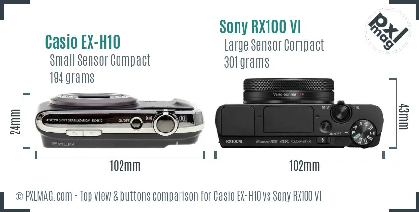 Casio EX-H10 vs Sony RX100 VI top view buttons comparison