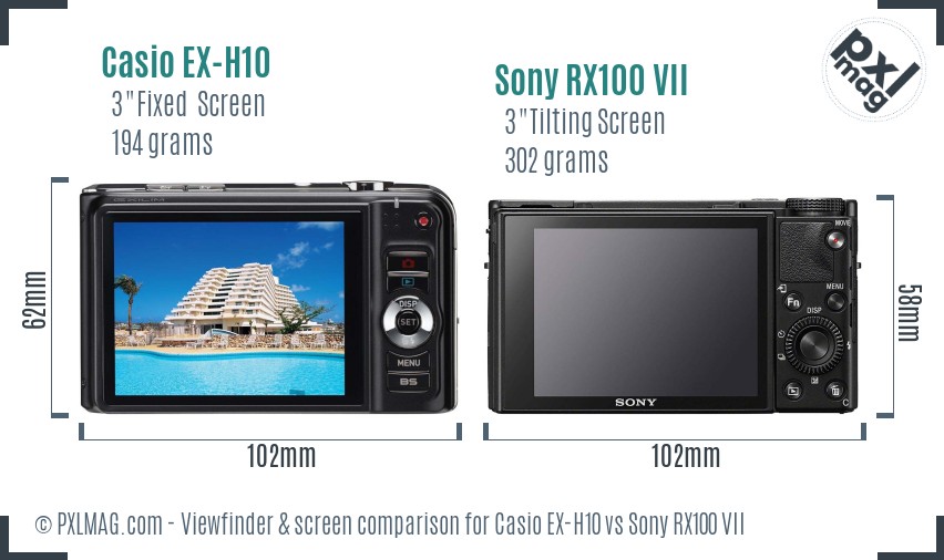 Casio EX-H10 vs Sony RX100 VII Screen and Viewfinder comparison