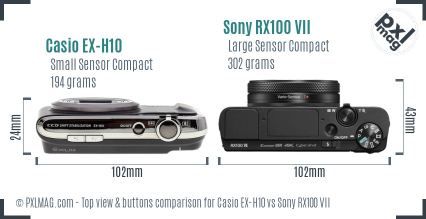 Casio EX-H10 vs Sony RX100 VII top view buttons comparison
