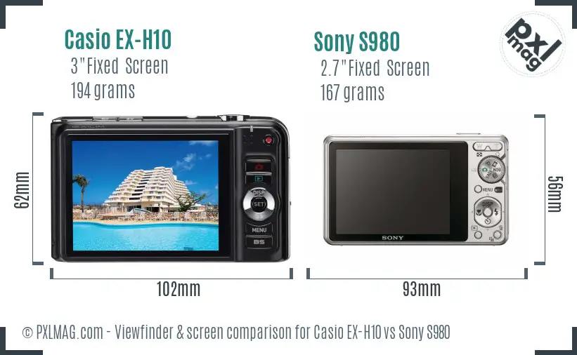 Casio EX-H10 vs Sony S980 Screen and Viewfinder comparison