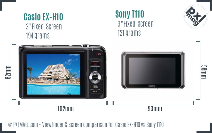 Casio EX-H10 vs Sony T110 Screen and Viewfinder comparison