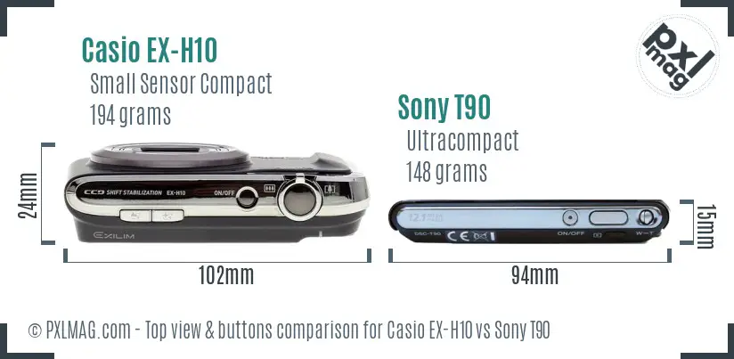 Casio EX-H10 vs Sony T90 top view buttons comparison