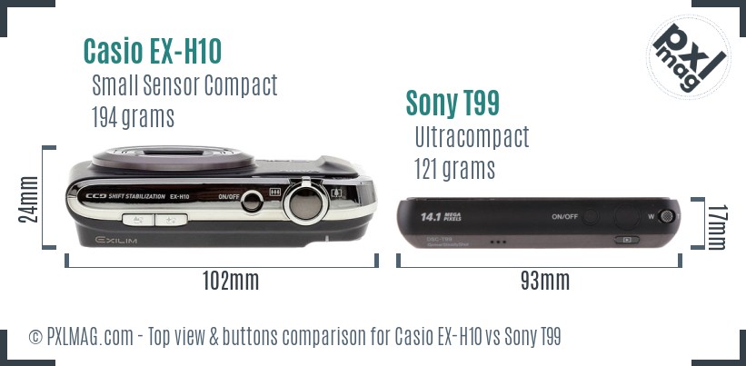 Casio EX-H10 vs Sony T99 top view buttons comparison