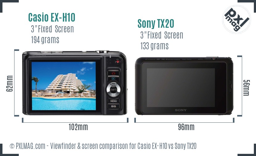 Casio EX-H10 vs Sony TX20 Screen and Viewfinder comparison