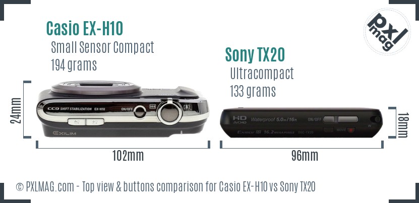 Casio EX-H10 vs Sony TX20 top view buttons comparison