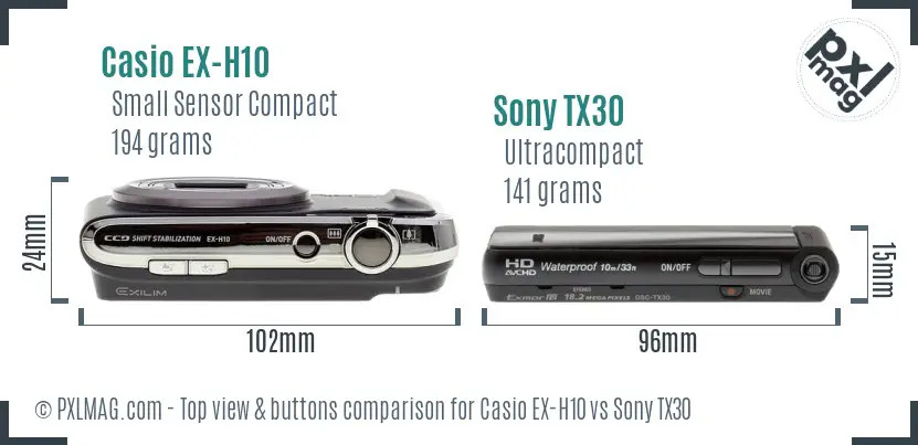 Casio EX-H10 vs Sony TX30 top view buttons comparison