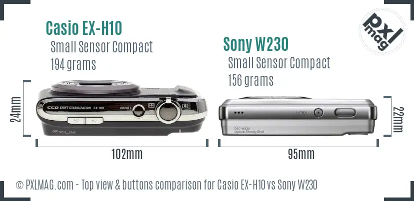 Casio EX-H10 vs Sony W230 top view buttons comparison Casio EX-H10 vs Sony W230 top view buttons comparison