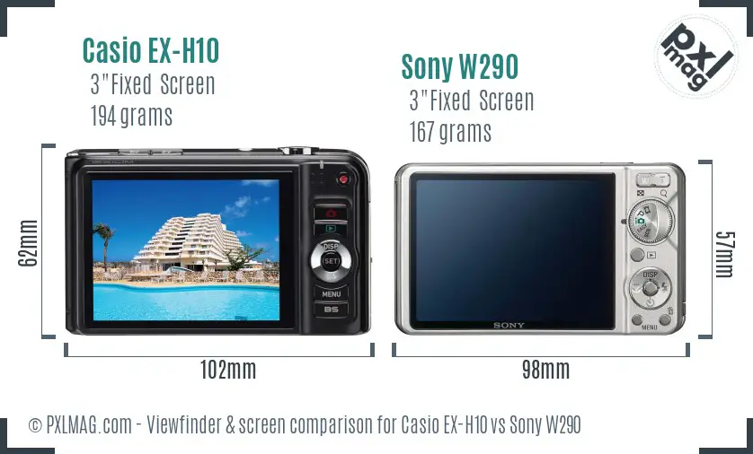 Casio EX-H10 vs Sony W290 Screen and Viewfinder comparison