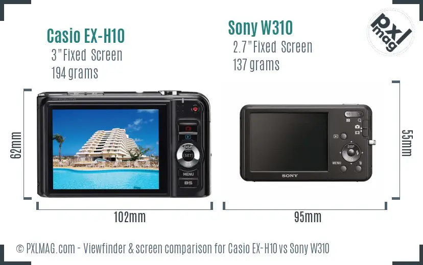 Casio EX-H10 vs Sony W310 Screen and Viewfinder comparison