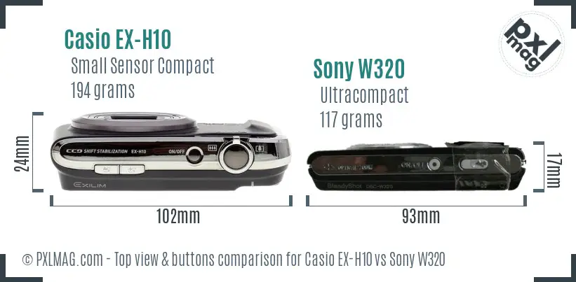 Casio EX-H10 vs Sony W320 top view buttons comparison