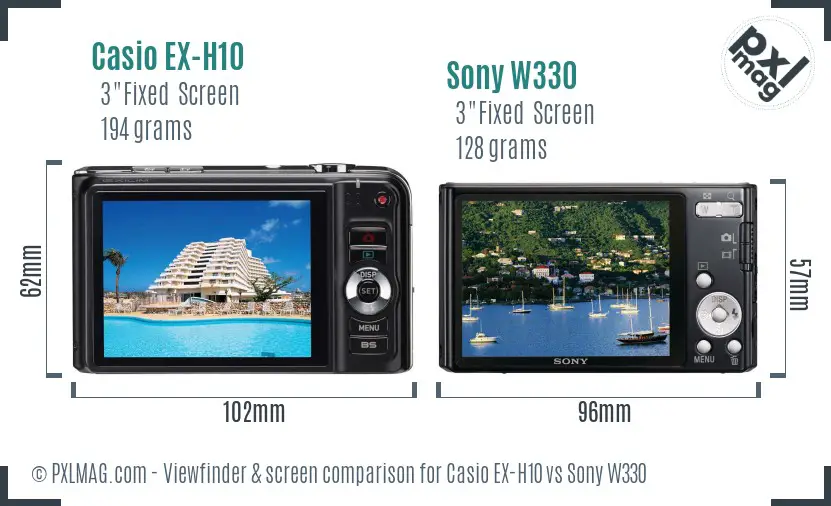 Casio EX-H10 vs Sony W330 Screen and Viewfinder comparison