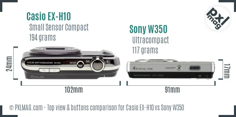 Casio EX-H10 vs Sony W350 top view buttons comparison Casio EX-H10 vs Sony W350 top view buttons comparison